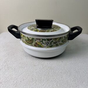 Vintage MCM Fancipans Avocado Paisley Enamelware Pot With Lid, 70's Discontinued